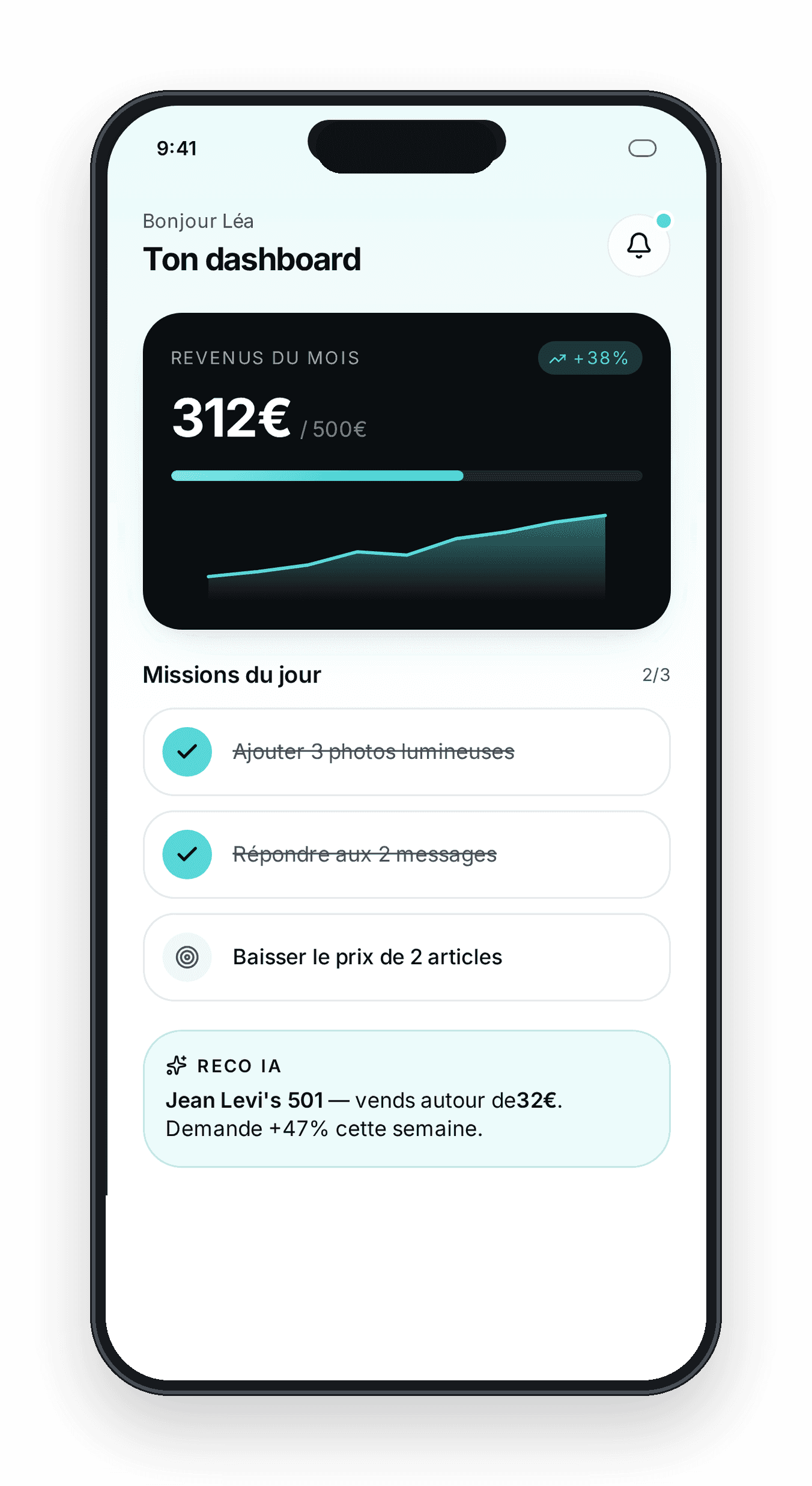 Aperçu de l'app Reselly sur téléphone : revenus du mois, missions du jour et recommandations.